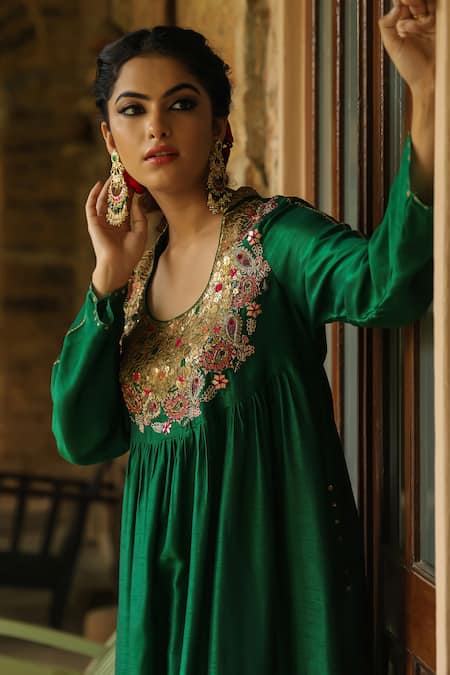 Label Niti Bothra_Green Silk Zari, Sequins Mandarin Zardozi Embroidered Anarkali With Palazzo _at_Aza_Fashions