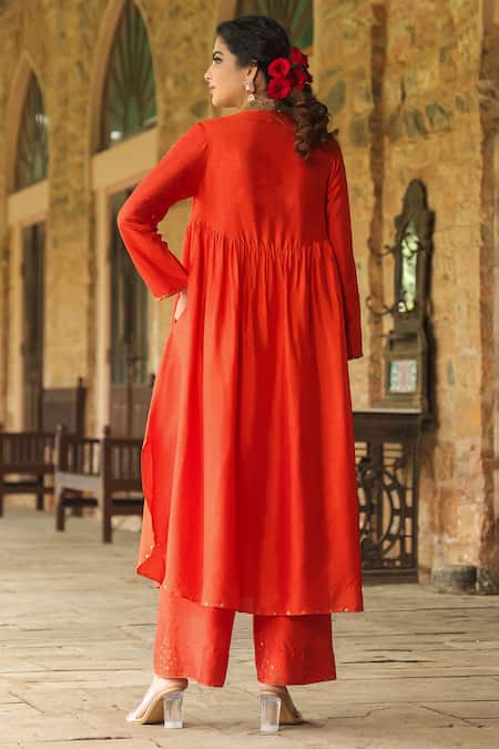 Shop_Label Niti Bothra_Orange Silk Sequins, Zari Paisley Embroidered Yoke Anarkali With Palazzo _at_Aza_Fashions