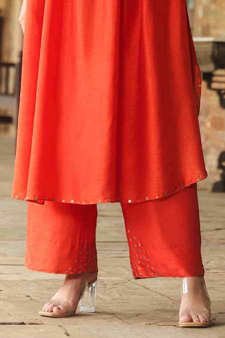 Label Niti Bothra_Orange Silk Sequins, Zari Paisley Embroidered Yoke Anarkali With Palazzo _Online_at_Aza_Fashions