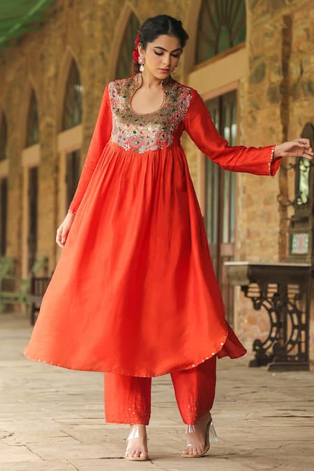 Buy_Label Niti Bothra_Orange Silk Sequins, Zari Paisley Embroidered Yoke Anarkali With Palazzo _Online_at_Aza_Fashions