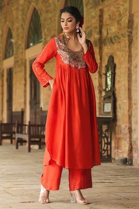 Shop_Label Niti Bothra_Orange Silk Sequins, Zari Paisley Embroidered Yoke Anarkali With Palazzo _Online_at_Aza_Fashions