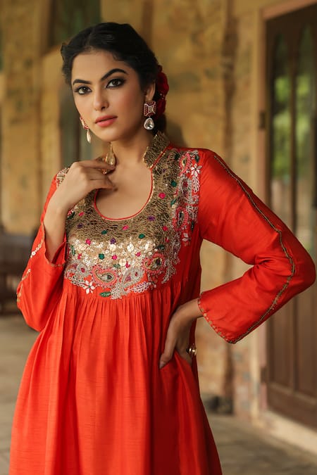 Label Niti Bothra_Orange Silk Sequins, Zari Paisley Embroidered Yoke Anarkali With Palazzo _at_Aza_Fashions