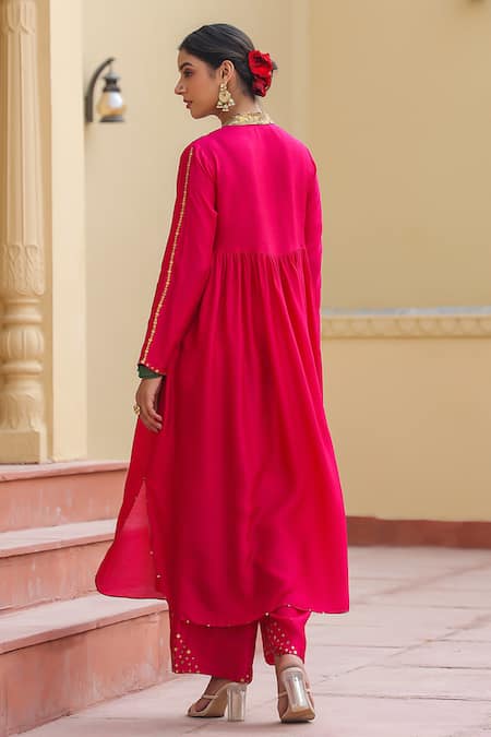 Shop_Label Niti Bothra_Pink Silk Zari, Sequins Mandarin Zardozi Embroidered Yoke Anarkali With Palazzo _at_Aza_Fashions