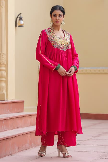 Buy_Label Niti Bothra_Pink Silk Zari, Sequins Mandarin Zardozi Embroidered Yoke Anarkali With Palazzo _Online_at_Aza_Fashions