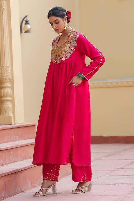 Shop_Label Niti Bothra_Pink Silk Zari, Sequins Mandarin Zardozi Embroidered Yoke Anarkali With Palazzo _Online_at_Aza_Fashions