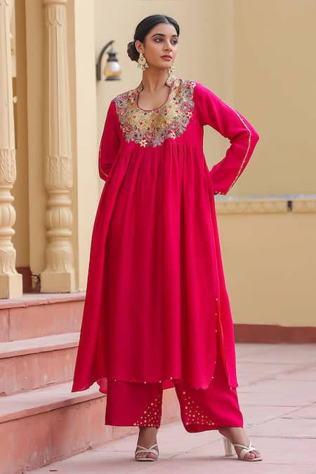 Label Niti Bothra_Pink Silk Zari, Sequins Mandarin Zardozi Embroidered Yoke Anarkali With Palazzo _at_Aza_Fashions