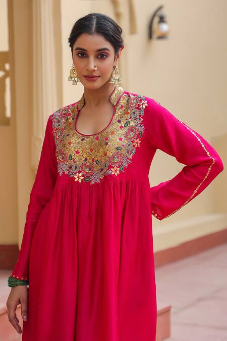 Buy_Label Niti Bothra_Pink Silk Zari, Sequins Mandarin Zardozi Embroidered Yoke Anarkali With Palazzo 