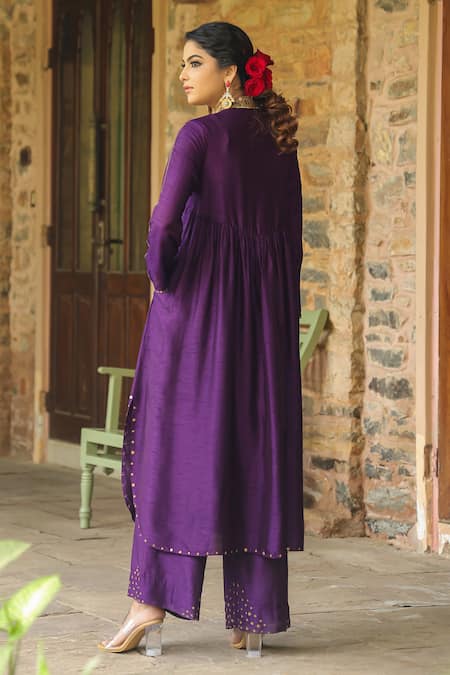 Shop_Label Niti Bothra_Purple Silk Sequins, Zari Mandarin Collar Paisley Pattern Anarkali With Palazzo _at_Aza_Fashions