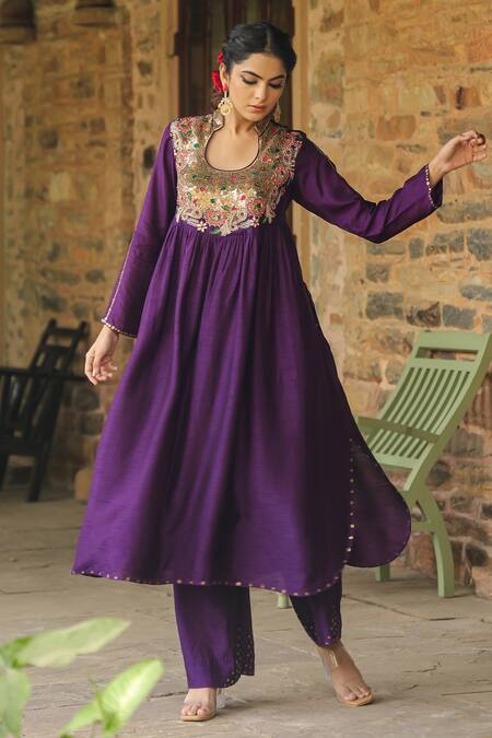 Label Niti Bothra_Purple Silk Sequins, Zari Mandarin Collar Paisley Pattern Anarkali With Palazzo _Online_at_Aza_Fashions