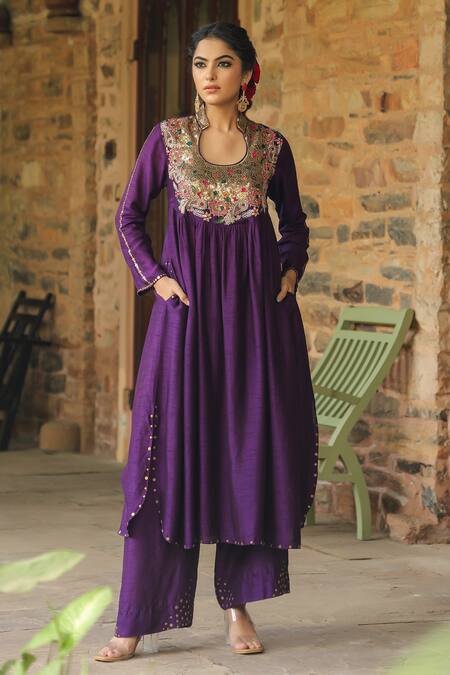Buy_Label Niti Bothra_Purple Silk Sequins, Zari Mandarin Collar Paisley Pattern Anarkali With Palazzo _Online_at_Aza_Fashions