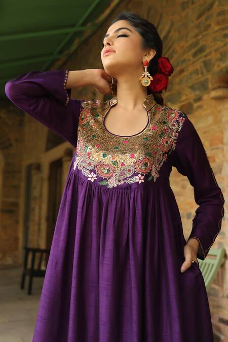 Label Niti Bothra_Purple Silk Sequins, Zari Mandarin Collar Paisley Pattern Anarkali With Palazzo _at_Aza_Fashions