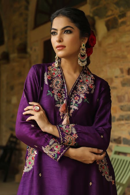 Label Niti Bothra_Purple Silk Zari, Sequins V-neck Paisley Zardozi Embroidered Kurta With Palazzo _Online_at_Aza_Fashions
