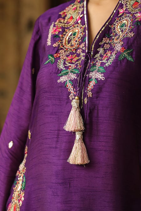 Buy_Label Niti Bothra_Purple Silk Zari, Sequins V-neck Paisley Zardozi Embroidered Kurta With Palazzo _Online_at_Aza_Fashions