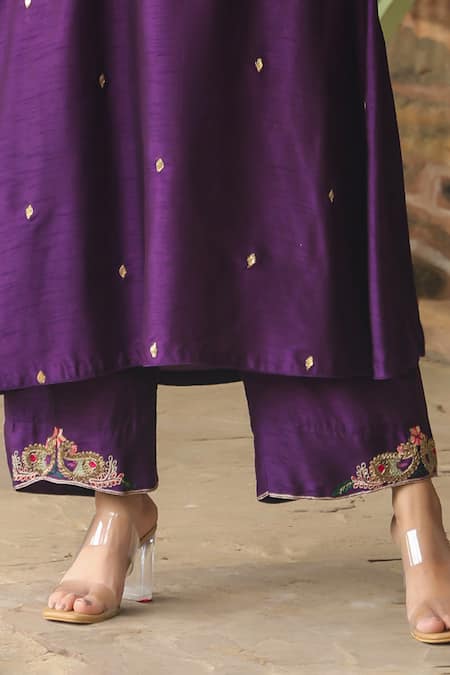 Shop Label Niti Bothra Purple Silk Zari, Sequins V-neck Paisley Zardozi Embroidered Kurta With Palazzo Online at Aza Fashions Shop_Label Niti Bothra_Purple Silk Zari, Sequins V-neck Paisley Zardozi Embroidered Kurta With Palazzo _Online_at_Aza_Fashions