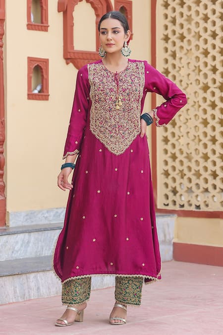 Label Niti Bothra Wine Kurta Pure Banarasi Spun Silk Embroidery Zari Dori Floral With Salwar 