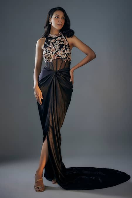 Masumi Mewawalla Black Mashroo Silk Hand Embroidered Floral High Draped Corset Gown  