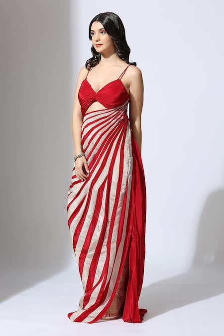 Masumi Mewawalla_Red Tissue, Crepe Open Neck Color Block Striped Draped Dress _Online_at_Aza_Fashions