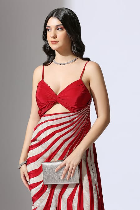 Buy_Masumi Mewawalla_Red Tissue, Crepe Open Neck Color Block Striped Draped Dress _Online_at_Aza_Fashions