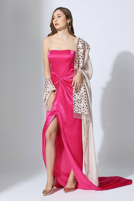 Masumi Mewawalla Pink Tissue, Linen, Silk Mirrors Round Neck Draped Gown With Embroidered Dupatta Online at Aza Fashions Masumi Mewawalla_Pink Tissue, Linen, Silk Mirrors Round Neck Draped Gown With Embroidered Dupatta _Online_at_Aza_Fashions