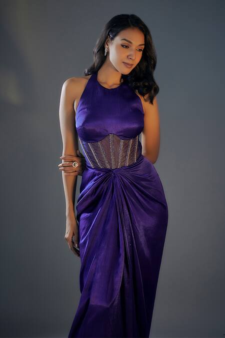 Masumi Mewawalla_Blue Net, Linen Embroidery Halter Neck Corset Draped Gown _Online_at_Aza_Fashions