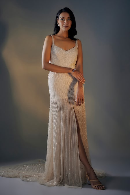 Masumi Mewawalla Linear Hand Embroidered Trail Gown 