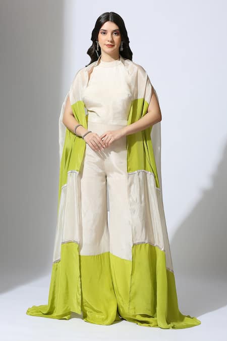 Masumi Mewawalla Green Tissue Plain Jumpsuit High Neck Flared With Color Block Jacket 