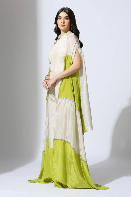 Masumi Mewawalla_Green Tissue, Linen, Crepe High Neck Flared Jumpsuit With Color Block Jacket _Online_at_Aza_Fashions