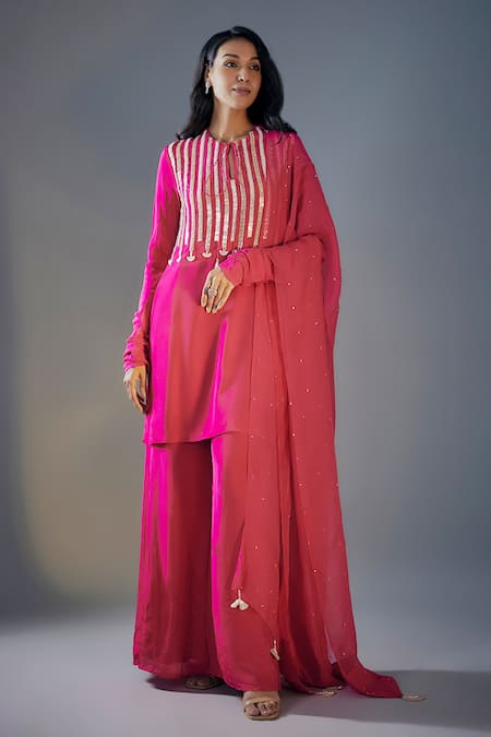 Masumi Mewawalla Pink Natural Crepe Hand Embroidered Round Short Kurta Palazzo Set 