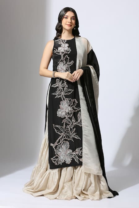 Masumi Mewawalla Black Natural Crepe Embroidered Floral Round Kurta Sharara Set 