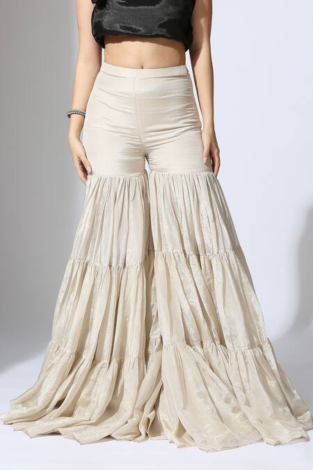 Masumi Mewawalla_Black Tissue, Crepe Embroidery Round Neck Floral Kurta Sharara Set _Online_at_Aza_Fashions