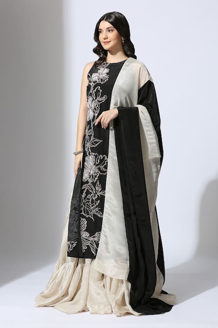 Shop_Masumi Mewawalla_Black Tissue, Crepe Embroidery Round Neck Floral Kurta Sharara Set _Online_at_Aza_Fashions