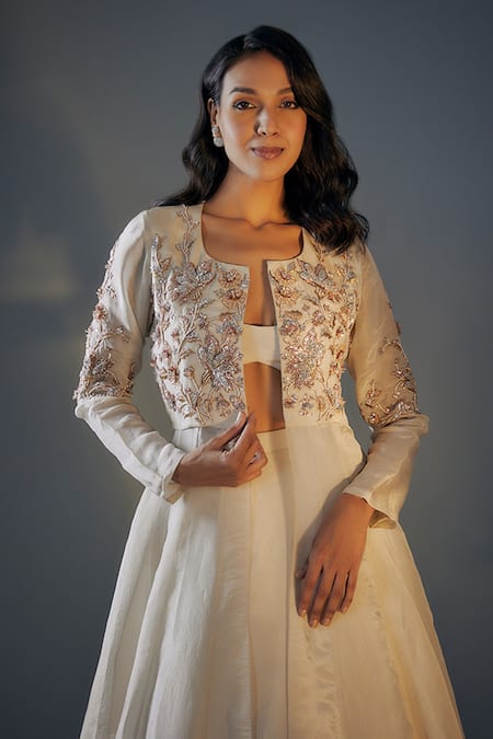 Masumi Mewawalla_Beige Tissue, Linen Embroidery Scoop Neck, Open Lehenga Set With Floral Jacket _Online_at_Aza_Fashions