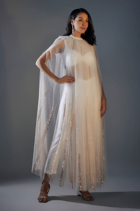 Masumi Mewawalla White Silk Hand Embroidered Linear Pattern Bustier Pant Set With Net Tunic 