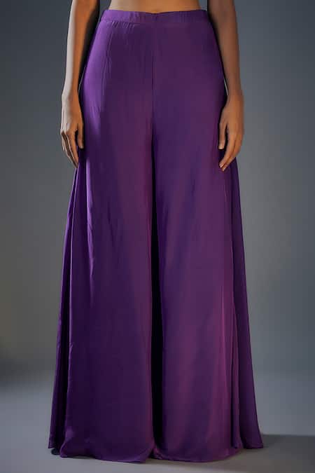 Masumi Mewawalla_Purple Crepe, Tissue Embroidery Palazzo Set With Floral Cutwork Jacket _Online_at_Aza_Fashions