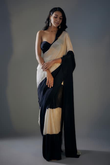 Masumi Mewawalla Black Tissue One Shoulder Color Block Pre-draped Saree With Blouse