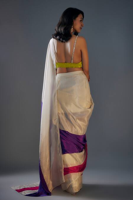 Shop_Masumi Mewawalla_Multi Color Tissue, Crepe Plunge Neck Block Pre-draped Saree With Lime Blouse _at_Aza_Fashions