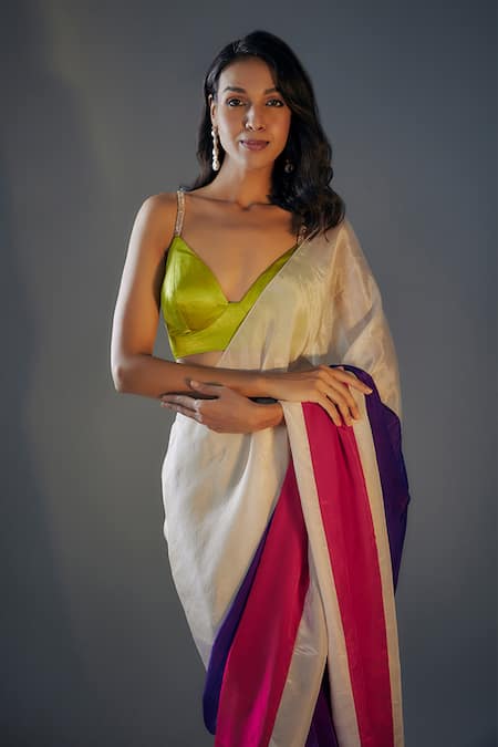 Masumi Mewawalla_Multi Color Tissue, Crepe Plunge Neck Block Pre-draped Saree With Lime Blouse _Online_at_Aza_Fashions