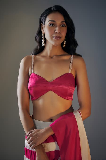 Masumi Mewawalla Pink Tissue, Crepe Plunge Neck Striped Color Block Pre-draped Saree With Blouse Online at Aza Fashions Masumi Mewawalla_Pink Tissue, Crepe Plunge Neck Striped Color Block Pre-draped Saree With Blouse _Online_at_Aza_Fashions