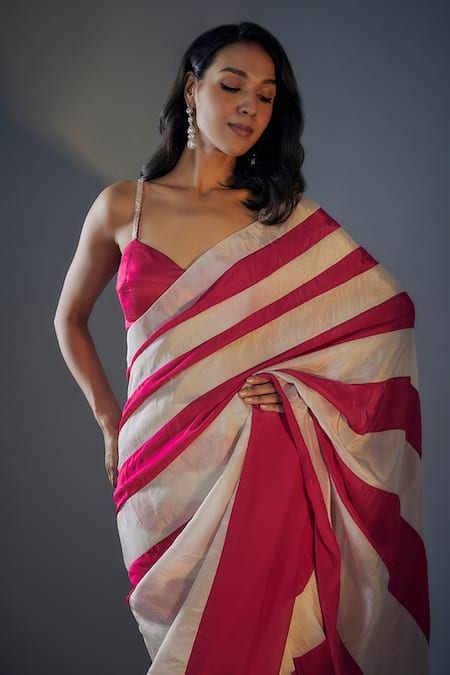Buy Masumi Mewawalla Pink Tissue, Crepe Plunge Neck Striped Color Block Pre-draped Saree With Blouse Online at Aza Fashions Buy_Masumi Mewawalla_Pink Tissue, Crepe Plunge Neck Striped Color Block Pre-draped Saree With Blouse _Online_at_Aza_Fashions