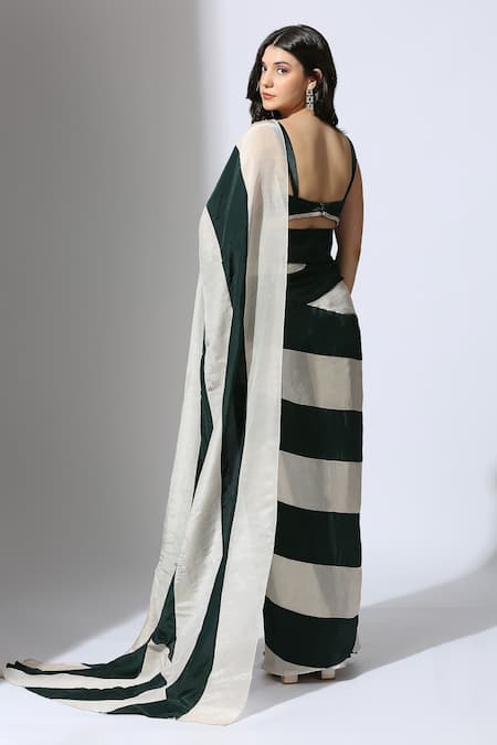 Shop Masumi Mewawalla Green Tissue, Crepe Embroidery Linear Color Block Pre-draped Saree With Blouse at Aza Fashions Shop_Masumi Mewawalla_Green Tissue, Crepe Embroidery Linear Color Block Pre-draped Saree With Blouse _at_Aza_Fashions