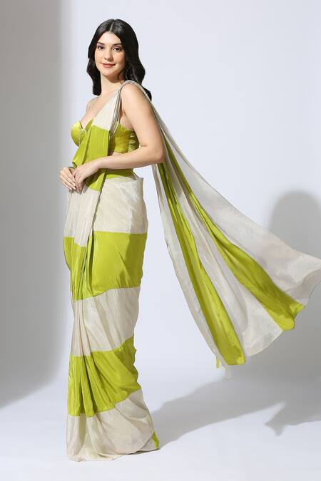 Masumi Mewawalla_Green Tissue, Crepe Color Block Striped Pattern Pre-draped Saree With Blouse _Online_at_Aza_Fashions