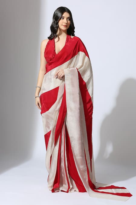 Masumi Mewawalla Red Tissue Halter Color Block Pre-draped Saree With Neck Blouse