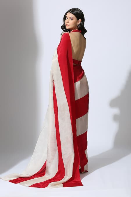 Shop Masumi Mewawalla Red Tissue, Crepe, Linen Color Block Pre-draped Saree at Aza Fashions Shop_Masumi Mewawalla_Red Tissue, Crepe, Linen Color Block Pre-draped Saree _at_Aza_Fashions