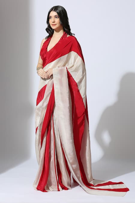 Masumi Mewawalla Red Tissue, Crepe, Linen Color Block Pre-draped Saree Online at Aza Fashions Masumi Mewawalla_Red Tissue, Crepe, Linen Color Block Pre-draped Saree _Online_at_Aza_Fashions