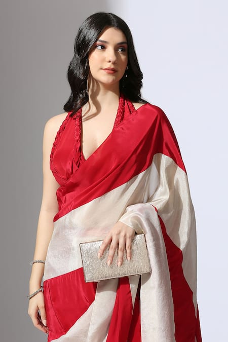 Buy Masumi Mewawalla Red Tissue, Crepe, Linen Color Block Pre-draped Saree Online at Aza Fashions Buy_Masumi Mewawalla_Red Tissue, Crepe, Linen Color Block Pre-draped Saree _Online_at_Aza_Fashions
