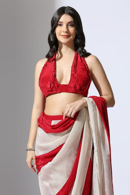 Shop Masumi Mewawalla Red Tissue, Crepe, Linen Color Block Pre-draped Saree Online at Aza Fashions Shop_Masumi Mewawalla_Red Tissue, Crepe, Linen Color Block Pre-draped Saree _Online_at_Aza_Fashions