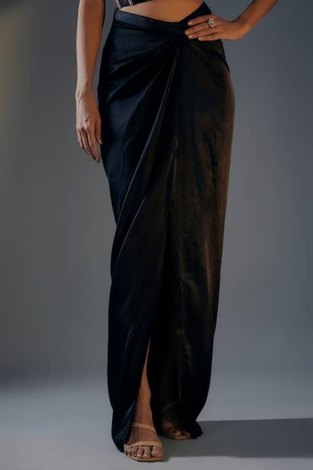 Masumi Mewawalla_Black Net, Linen Embroidery Scoop Neck, Draped Skirt Set With Color Block Jacket _at_Aza_Fashions