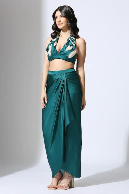 Masumi Mewawalla_Green Tissue Plunge Neck Draped Skirt And Braided Blouse Set _Online_at_Aza_Fashions