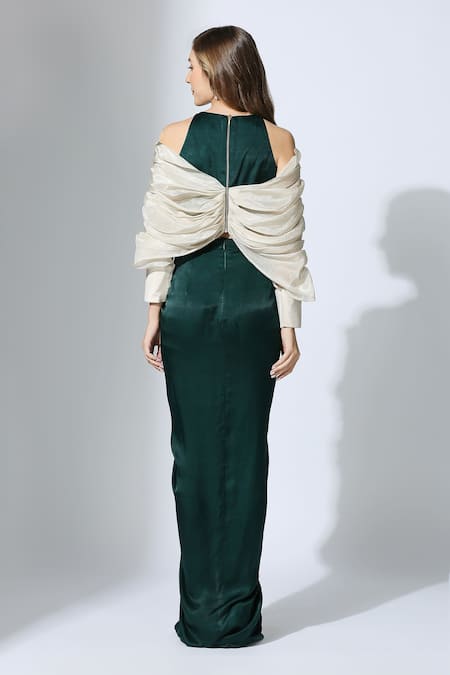Shop Masumi Mewawalla Green Tissue, Linen, Crepe Round Neck Color Block Draped Blouse Skirt Set at Aza Fashions Shop_Masumi Mewawalla_Green Tissue, Linen, Crepe Round Neck Color Block Draped Blouse Skirt Set _at_Aza_Fashions