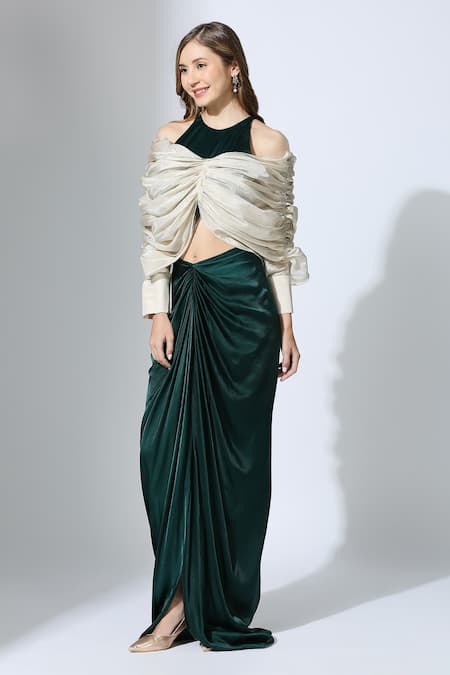 Masumi Mewawalla Green Tissue, Linen, Crepe Round Neck Color Block Draped Blouse Skirt Set Online at Aza Fashions Masumi Mewawalla_Green Tissue, Linen, Crepe Round Neck Color Block Draped Blouse Skirt Set _Online_at_Aza_Fashions